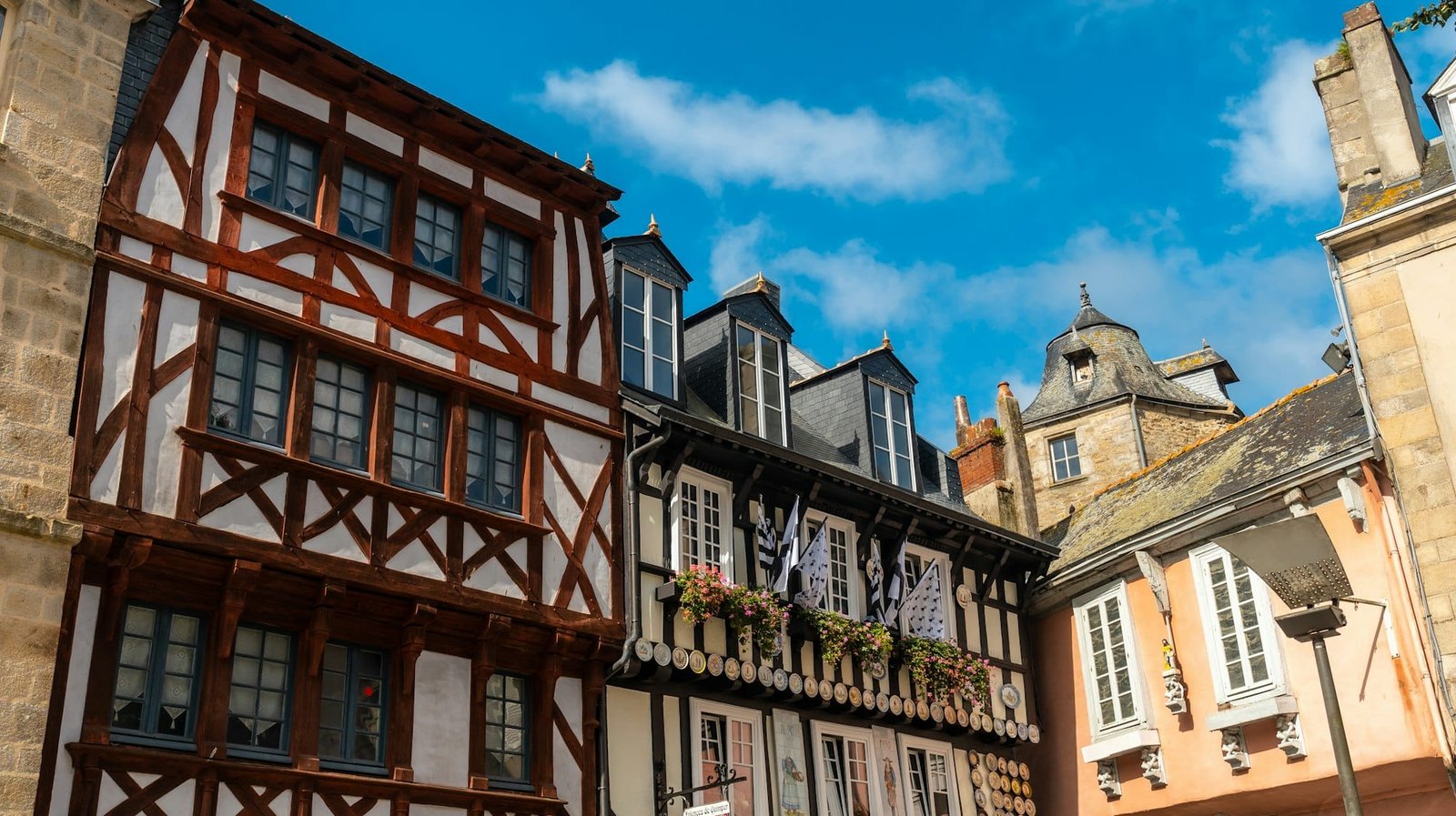 Traditional wooden houses of the medieval town of Quimper in the of Finisterre